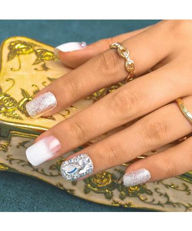 Sethexy White Glossy Squoval False Nails | 24ct Sparkle Rhinestone Acrylic Press-On Fingernails with Glue for Women & Girls - International Shipping Available - Buy Online on GoSupps.com