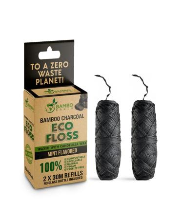 Biodegradable Mint Dental Tooth Lace Floss - 2X Refillable Flossers - 100% Organic Natural Vegan Cruelty-Free and Compostable Teeth Bamboo Charcoal Spool - Waxed with Candelilla Wax & Eco-Friendly