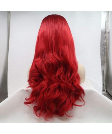 SHIYID Red Wavy Lace Front Wig with Dark Roots - Heat Resistant Synthetic Hair for Women | International Shipping Available - Buy Online on GoSupps.com