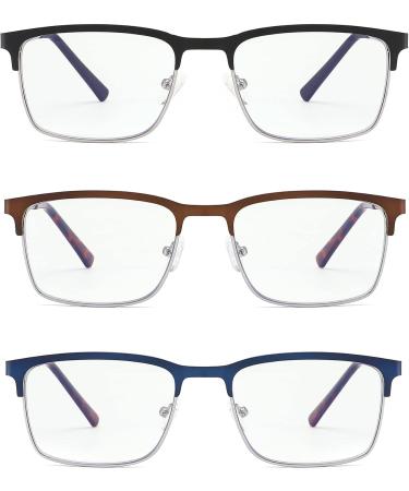 3 Pack Fashion Metal Full Frame Reading Glasses for Men - +2.75 Strength Anti-Glare UV Protection - Comfortable Spring Hinges - Black Brown & Blue - Buy Online on GoSupps.com