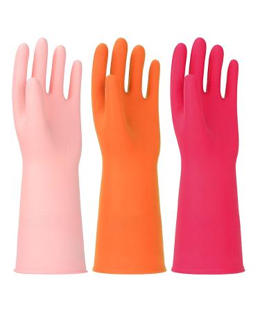 3 Pairs Rubber Cleaning Gloves Latex Free Dishwashing Gloves - 13" Reusable Nitrile Gloves Large Orange+Pink+Red Large Orange+pink+red
