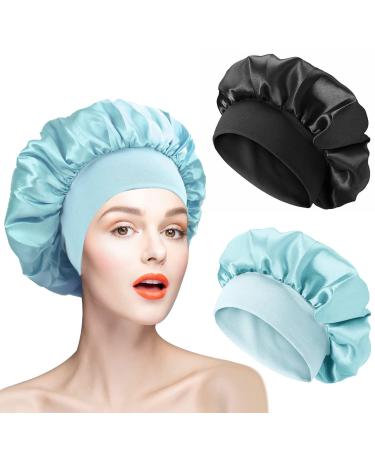 AliLeader Hair Bonnet for Sleeping 2Pcs Silk Bonnet Sleep Cap for Curly Hair Soft Silk Hair Wrap for Sleeping Elastic Band Satin Bonnet for Women Bonnets for Black Hair (Black+Light Green)