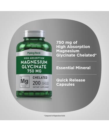 Piping Rock Magnesium Glycinate Capsules | 750mg | 200 Pills | Chelated Supplement | High Absorption | Non-GMO and Gluten Free - Buy Online on GoSupps.com