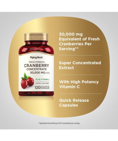 Piping Rock Cranberry Pills | 30 000 mg | 120 Capsules | Supplement for Women & Men | Triple Strength Concentrate Extract Plus Vitamin C | Non-GMO Gluten Free - Buy Online on GoSupps.com