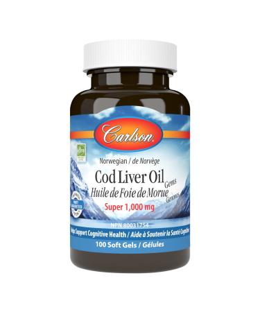 Carlson Labs Wild Norwegian Cod Liver Oil Gems Super 1000 mg 100 Soft Gels