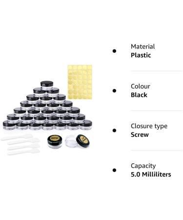 30 Pcs Empty Sample Pots 5g / 5ml Plastic Travel Cosmetic Container Jars with Lids for Creams Sample Make-Up Storage (Black) - Buy Online on GoSupps.com