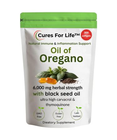 Cures For Life Oil of Oregano Softgels 6000mg High Potency with 165mg Carvacrol & 200mg Black Seed Oil 2-in-1 Immune Support & Digestive Health 300 Softgels Oregano Oil Capsules Supplement