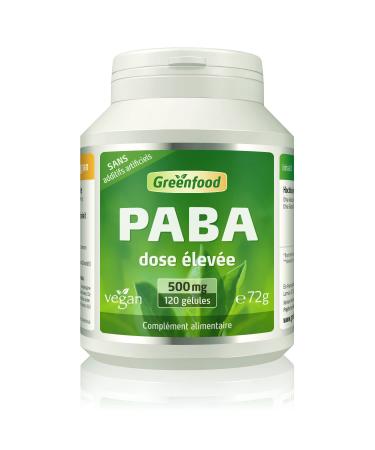 Greenfood PABA, pure, 500 mg, high dose, 120 capsules - no additives, no genetic engineering, vegan.
