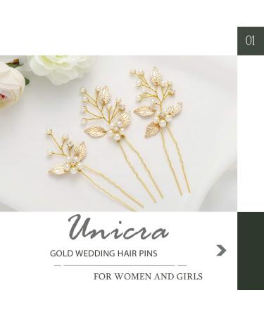 Unicra Gold Hair Accessories - Wedding Hairpins with Crystals Pearls & Leaves | 3-Piece Set for Women & Girls - Buy Online on GoSupps.com