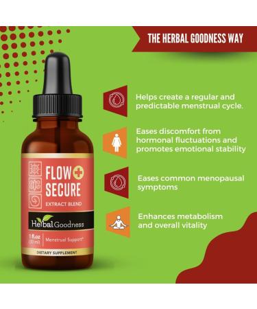 Herbal Goodness Flow Secure 1oz Supplement - Menstrual Cycle Support for Women | Mood Hormone & Metabolism Health - Buy Online on GoSupps.com