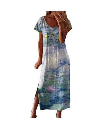 Vintage Floral Summer Casual Maxi Dress for Women Beach Vacation with Slit,Loose Short Sleeve Comfy Tshirt Long Dresses C-colorful-blue Small