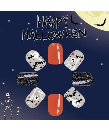 24Pcs Halloween Press on Nails - Short Square Glitter Design Skull Acrylic Full Cover Fake Nails for Women - Cute & Glossy Halloween Stick on Nails - Buy Online on GoSupps.com