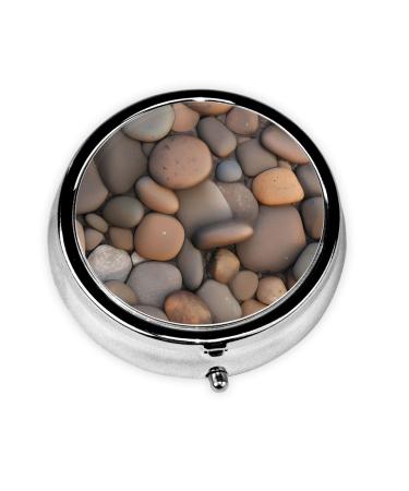 Pebbles in The Beachround Pill Box 3 Compartments Round Pill Box Organizer for Purse Or Pocket Portable Travel Pill Box