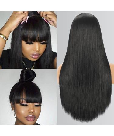 Long Straight Wig with Bangs Natural Black Wigs for Women Fashion Silky Soft Smooth Remy Hair Heat Resistant Fiber Synthetic Wig Machine Made Glueless Full Wig 24 Inch Regular Everyday Wig 24 Inch-Silky Soft Smooth Black