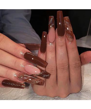 Brishow artificial nails brown long nails to stick on glitter press on nails ballerina acrylic false nails 24 pieces for women and girls - Buy Online on GoSupps.com