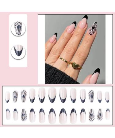 24 Pcs Heart Oval False Nails Short Black French Press on Nails - Funky Nude Fake Nails with Nail Glue - Almond Stick on Nails for Women - Nail Art Essential - Buy Online on GoSupps.com