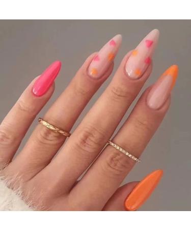 Runrayay red & orange French press on nails almond shape love design fack nails for women girls nude nude nails press on full cover nails tips for salonnails