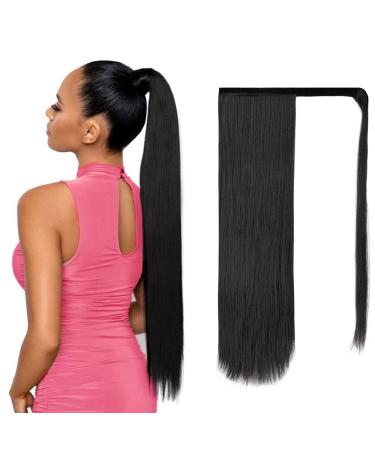 ISWEET - Long Ponytail Extension for Black Women - 28  Natural Black Straight Clip on Pony Tails Hair Extensions - Magic Paste Heat Resistant Synthetic Wrap Around Fake Ponytail Hairpiece