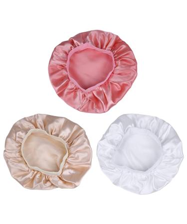 3 pieces satin sleeping cap bonnet cap rubber band Broadband Night hat silky hair cover for sleeping sleep headgear for the journey home (white pink) - Buy Online on GoSupps.com