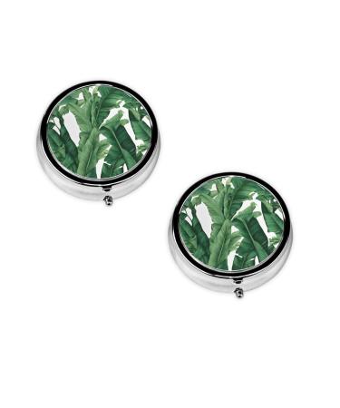 Tropical Banana Palm Leaf Printed Mini Round Pill Box Pill Box 3 Compartment Medicine Pill Case Pill Organizer Travel Pillbox Portable Pill Box for Pocket Home Office Use