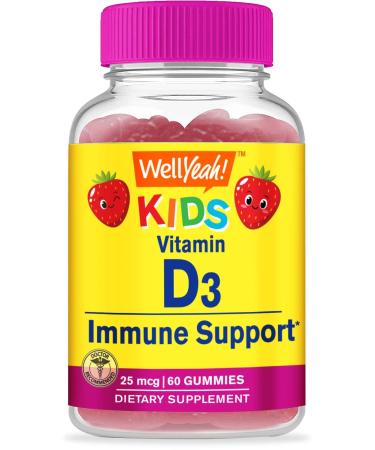 WellYeah Kids Vitamin D3 Gummies - 1000 IU (25 mcg)- Supports Bone Strength and Immunity - Non-GMO Gluten-Free - Strawberry Flavor - Nutritional Supplement - 60 Servings