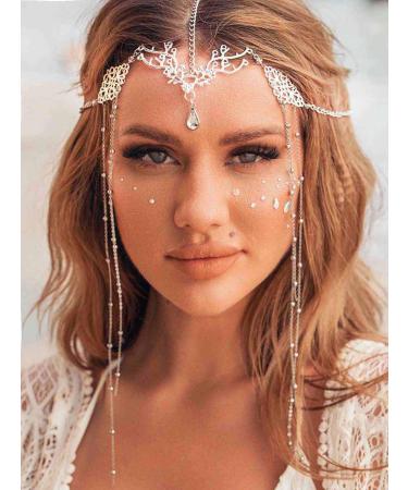 Jovono Boho Crystal Head Chain Silver Wedding Bridal Tassel Headpiece Rhinestone Headpiece Festival Costume Hair accessories for Women - Buy Online on GoSupps.com