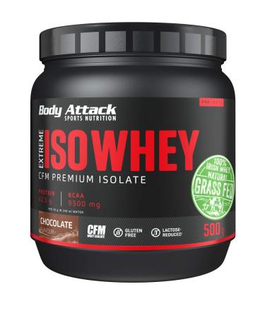 Body Attack Extreme ISO Whey Chocolate 2 x 500g - CFM Whey Protein Isolate From 100% Irish Weidemilch Gluten -free rich in EAAS perfectly soluble low in fat without aspartame 90.6% isolate content chocolate 500 g (2 pack)