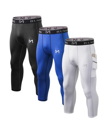 MEETYOO Men's 3/4 Compression Pants with Pockets X-Large Black+white+blue