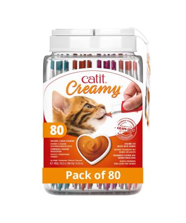 Catit Creamy Healthy & Hydrating natural grain free lickable squeezy Cat Treat sticks 80 x 10g (20ea chicken tuna salmon lamb) tubes in reusable gift jar Mixed