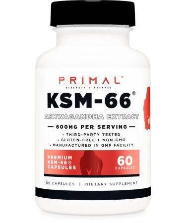 Primal KSM-66 Ashwagandha Complex (60 Capsules / 60 Servings 600 mg Per Serving) - KSM-66 Ashwagandha with Black Pepper Extract Gluten Free Non-GMO