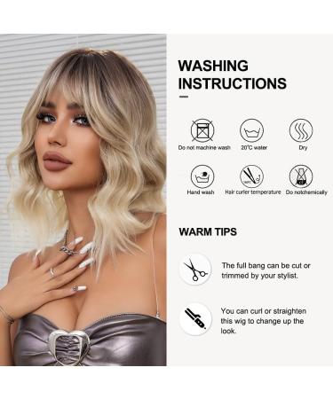 OUFEI Ombre Blonde Short Wavy Wig with Bangs - Heat Resistant Synthetic Hair for Daily Wear and Cosplay - Buy Online on GoSupps.com