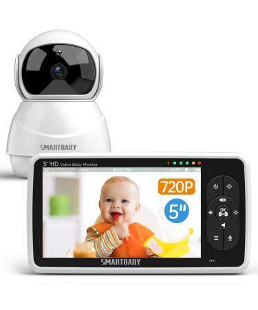 Baby Monitor - 720P 5" HD Display Video Baby Monitor with Camera and Audio, Noise Cancellation, 4X Pan-Tilt Zoom ,4000mah Battery,Night Vision, Temperature Display, Lullabies, 960ft Range White