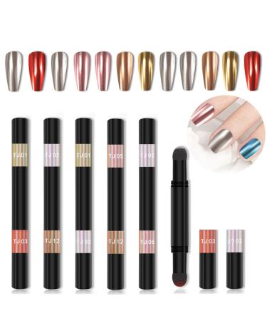 Roseflower 6 sticks air cushion chrome powder pencil - nail chrome powder - holographic nail powder decoration shiny metallic mirror effect - durable DIY nail art manicure tool #4 #8