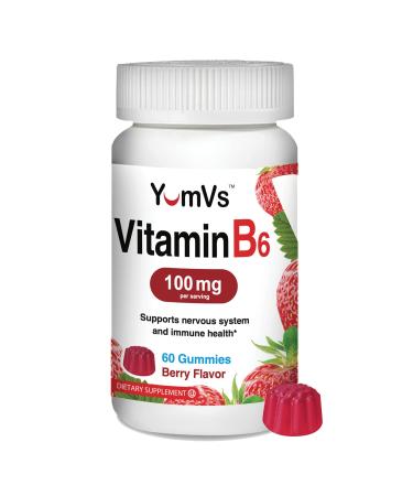 Vitamin B6 Gummies 100mg by YumVs  Supports Nervous System Immune System Booster  Dietary Supplement for Adults  Non GMO Vegetarian Kosher  Berry Flavor Gummies - 60 Count 60 Count (Pack of 1)