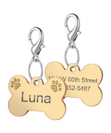 Natiform Stainless Steel Pet ID Tags, Stainless Steel Engraved Dog Name Tags, Two Sided Personalized ID Tag, Paw Print Pet Tag for Dogs Cats Gold