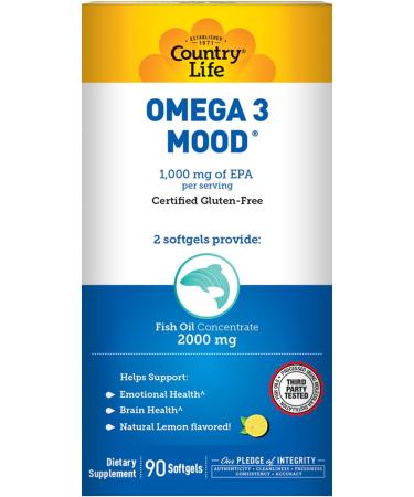 Country Life Omega 3 Mood 2000mg Fish Oil with EPA & DHA Brain Heart & Mood Support Lemon Flavored No Fishy Aftertaste Certified Gluten Free Non-GMO 90 Softgels - Buy Online on GoSupps.com