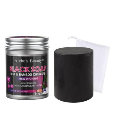AICHUN BEAUTY Black Soap BHA Bamboo Charcoal Detox Cleansing Moisturizing Anti-Acne PH Balance Oily Breakout Skin 78g/2.75fl.oz