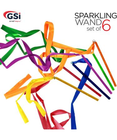 GSI 6 Pack Multicolor Sparkling Gymnastic Ribbon Wands - 9 Stick, 1 Meter Ribbon for Gym Training, Circus Dance, Baton Twirling - Dancing Streamers - Buy Online on GoSupps.com