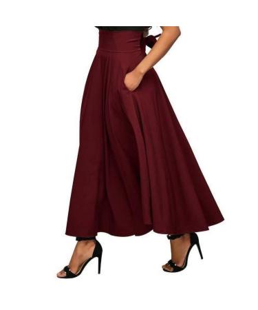 Sanahy Women's Ankle Length High Waist A-line Flowy Long Maxi Skirt with Pockets A-Line Patchork Big Hem Solid Beach Maxi Skirt L Red