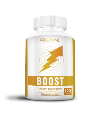 OPTML Boost 100mg Caffeine Pills with 200mg L-Theanine Energy Pills for Mood Elevation and Sharper Focus Blend of Caffeine Anhydrous and Tea Derived L-Theanine No Crash No Jitters 120 Capsules