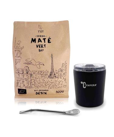 YVY MAT Kit Mat Inox Tempera | Pack Calebasse Inox Tempera Bombilla Classique et 1 poche de Yerba Mate Vert Bio 500g | Ensemble Complet pour les amateurs de mat traditionnel