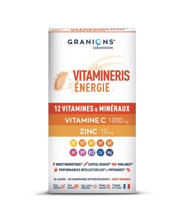 Granions Vitamineris Energy 1000mg - 30 Effervescent Tablets 30 Days - Continuous Energy - Intellectual and Physical Performance - 12 Vitamins and Minerals - Made in France