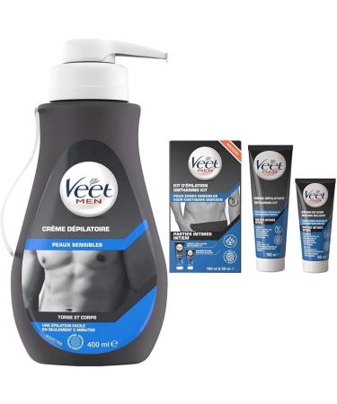 Veet VEET MEN - Set of 2 Men's Depilatory Creams for Sensitive Skin - Body & Torso 400 ml - Intimate Areas 100 ml with Aloe Vera Care Balm 50 ml