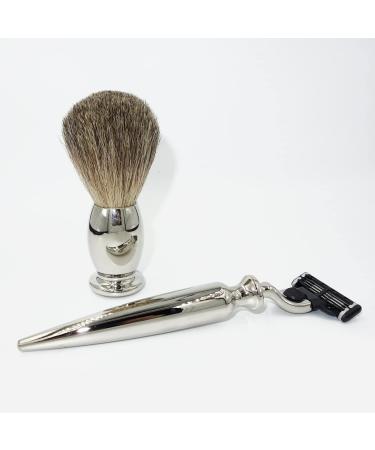 NSNT Exquisit Men's Shaving Brush Set - Alloy & Natural Roof Hair - Silver Safety & Soap Cup Holder | 15x16cm - Buy Online on GoSupps.com