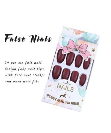 Flora Matte Ballerina Fake Nails - Vine Red Medium Press-On Nails for Women & Girls (24 Pieces) - Full Cover Artificial Nails - Buy Online on GoSupps.com