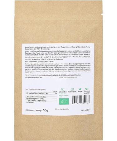 Terra Elements Organic Astragalus Capsules (400 mg 150 pcs) - 100% Pure Vegan Astragalus membranaceus - Premium Raw Food Supplement - Buy Online on GoSupps.com