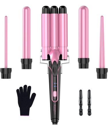 Bestope per set of wave iron - curling bars 3 barrels for large no curls ceramic curlers different attachments Temperature adjustment fast heating gloves 2 clips rose gold 5 in 1 pink 5 in 1