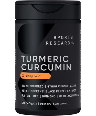Sports Research Turmeric Curcumin C3 Complex - Softgels with Bioperine Black Pepper Extract & Organic Coconut Oil, Standardized 95% Curcuminoids - Non-GMO Verified & Gluten Free - 500mg, 120 Count - Buy Online on GoSupps.com