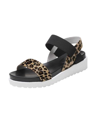HSYHKDSY ENTIREFACE flat sandals for women leopard patterns elastic straps open toe section casual sandals slingback women's summer shoes vacation S42952 Brown 6 UK