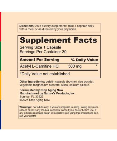 Stop Aging Now - Acetyl-L-Carnitine HCI - 500mg - 30 Capsules - Buy Online on GoSupps.com